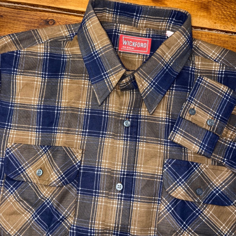 Vintage Wickford Flannel Shirt Mens Large Brown Blue Plaid LS Button 1970s 80s